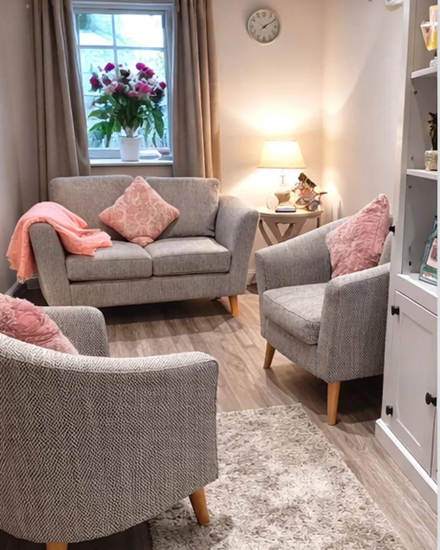 The counselling room in Kanturk with soft seating, lighting, and flowers by the window.